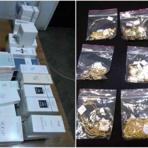 Zeci de parfumuri susceptibile a fi contrafăcute și peste 120 grame bijuterii din metal galben fără documente legale, confiscate în P.T.F. Vama Veche