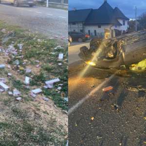 Autoturism cu ţigări de contrabandă, răsturnat după o urmărire în trafic