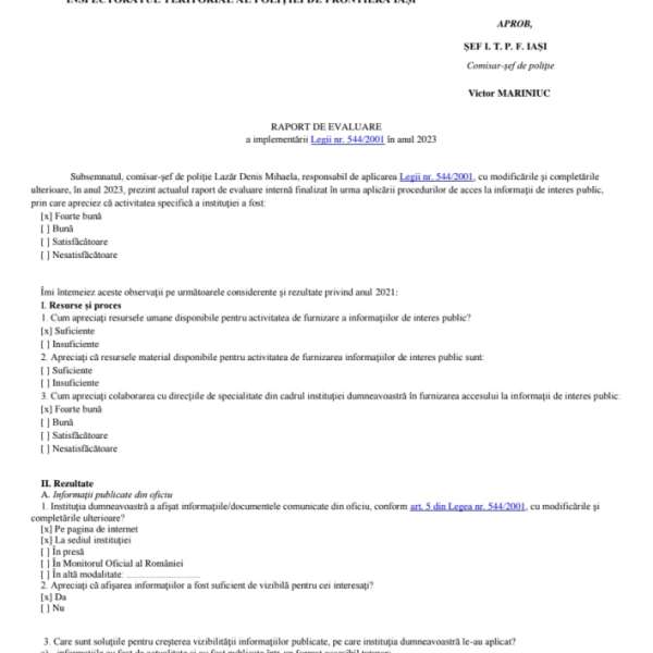 RAPORT DE EVALUARE a implementării Legii nr. 544/2001 în anul 2023